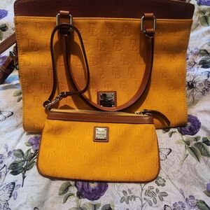 Dooney & Bourke Yellow Canvas Tote with Brown Leather Trim and Wristlet
